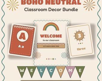Kit de Decoração Boho Neutra para Sala de Aula | Editável no Canva e Imprimível | Decorações para Sala de Aula do Ensino Fundamental | Kit para Mural de Volta às Aulas
