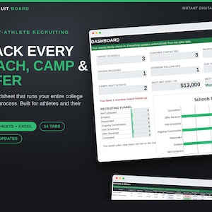 May include: A digital student-athlete recruiting system spreadsheet displayed on a dark background. The interface features a dashboard with tracking metrics, a recruiting funnel chart, and a secondary tab view for offers and money management.