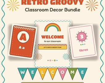 Kit de Decoração Retrô para Sala de Aula | Editável no Canva e Imprimível | Decorações para Sala de Aula do Ensino Fundamental | Kit para Mural de Volta às Aulas