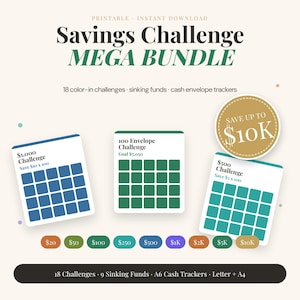 Könnte beinhalten: Ein druckbares Savings Challenge Mega Bundle mit 18 Ausmal-Herausforderungen, Rücklagenfonds und Cash-Envelope-Trackern. Enthält Karten für eine 1.000-Dollar-Challenge, 100-Umschlag-Challenge, 500-Dollar-Challenge und ein 10.000-Dollar-Sparabzeichen.