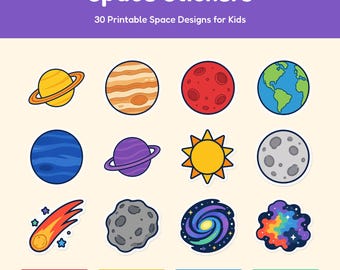 Autocollants spatiaux à imprimer | Pack d'autocollants planètes pour enfants | Téléchargement numérique PNG PDF | Fusée, astronaute, système solaire | Tableau de récompenses et Cricut