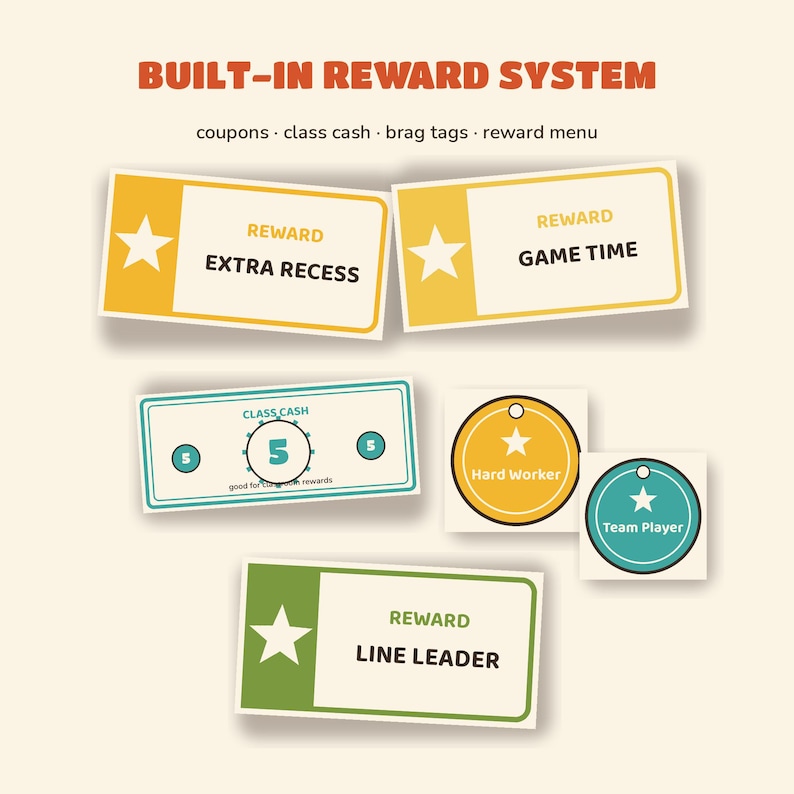 Pode incluir: Um sistema de recompensa integrado com cup&otilde;es retangulares com as etiquetas Extra Recess, Game Time e Line Leader, uma nota retangular de Class Cash com o n&uacute;mero 5 e duas etiquetas circulares com Hard Worker e Team Player com estrelas.