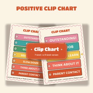 Pode incluir: Um conjunto de tabelas de comportamento com duas folhas imprim&iacute;veis apresentando barras horizontais coloridas rotuladas com n&iacute;veis como Outstanding, Good Job, Ready to Learn, Slow Down, Think About It e Parent Contact.