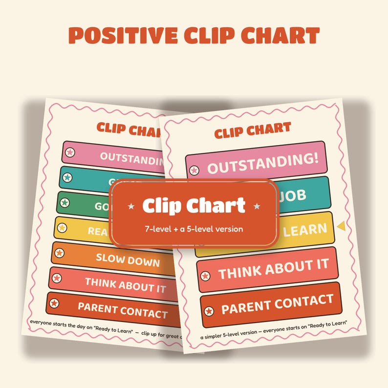 Pode incluir: Um conjunto de tabelas de comportamento com duas folhas imprim&iacute;veis apresentando barras horizontais coloridas rotuladas com n&iacute;veis como Outstanding, Good Job, Ready to Learn, Slow Down, Think About It e Parent Contact.