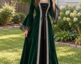 Velvet Medieval Hooded Gown, Victorian Witch Costume, Dark Academia Gothic Dress,Renaissance Faire Outfit, Vampire Halloween Dress for Women