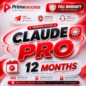 Può includere: Una grafica promozionale digitale per Primeaccess Claude Pro con testo 3D in rosso e bianco. Il design include icone per consegna rapida, supporto 24/7 e accesso sicuro all'account, con un'icona di calendario che indica 12 mesi di durata.