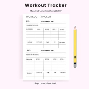 Puede incluir: Un rastreador de ejercicios en PDF imprimible de color blanco con texto y líneas negras, que incluye secciones para fecha, tiempo total, enfoque, ejercicios con cuatro pasos y datos de cardio. Un lápiz amarillo está a la derecha.