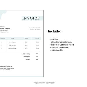 May include: A digital invoice template featuring a clean layout with black text on a white background, accented by light blue shapes. The document includes fields for quantity, item, price, and total, with text listing features like A4 size, customizable fonts, and instant download.