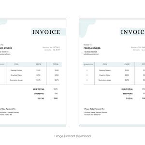 May include: A digital invoice template featuring a clean white layout with light blue accents. The document includes fields for Invoice To, Pixora Studio, contact details, and a table listing items like Gaming Posters, Graphics Maker, and Illustration design.