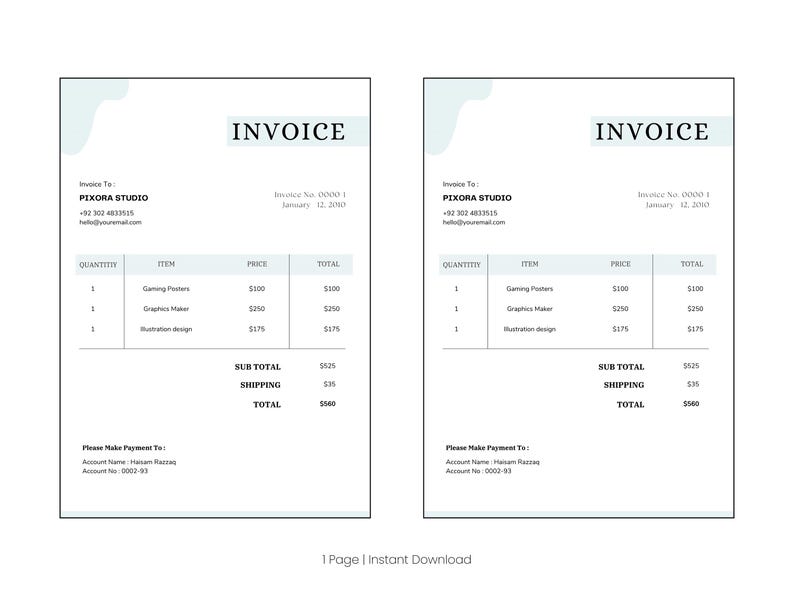 May include: A digital invoice template featuring a clean white layout with light blue accents. The document includes fields for Invoice To, Pixora Studio, contact details, and a table listing items like Gaming Posters, Graphics Maker, and Illustration design.