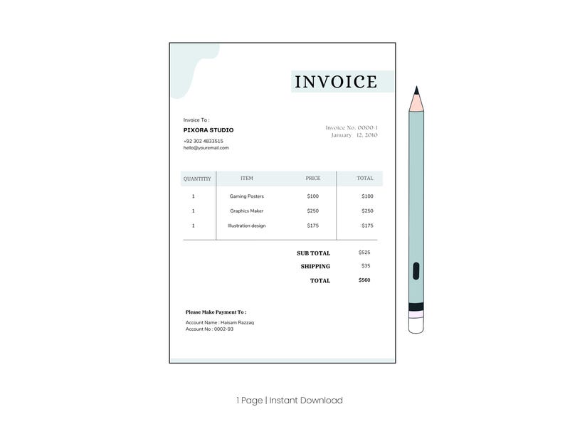 May include: A white invoice template featuring the word INVOICE at the top, with columns for quantity, item, price, and total. The document lists Pixora Studio, contact details, and payment information. A light blue pencil with a black tip is placed vertically.