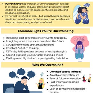 May include: An informational infographic titled Overthinking Guide with sections on signs and causes. It features illustrations of a person hugging their reflection, a person sitting with head in hands, and a person sitting on a bed with thought bubbles.