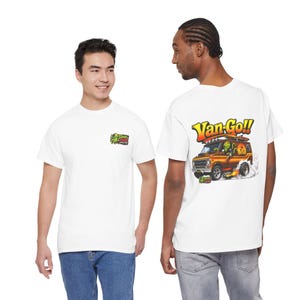 May include: A white short-sleeve t-shirt featuring a small graphic on the front left chest and a large colourful illustration on the back. The back design shows a brown van with a green octopus driver, surfboards, and the text Van-Go!! in yellow.