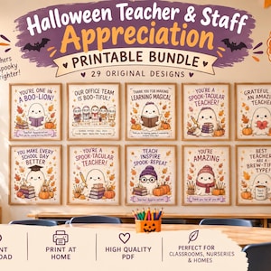 May include: A Halloween teacher and staff appreciation printable bundle featuring 29 pages of original designs. The collection includes various illustrations of ghosts, pumpkins, and autumn leaves with text such as You're one in a boo-lion and Teach inspire spook-repeat.