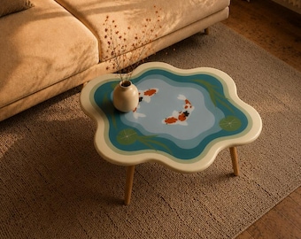 Handmade Epoxy Resin Koi Fish Coffee Table, Japanese Style Organic Furniture