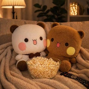 May include: Two plush bear toys, one white with brown ears and a brown bowtie, and one brown with yellow cheeks, sitting together. Both have round black eyes and open mouths with pink tongues. A glass bowl filled with popcorn sits in front of them.