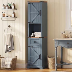 May include: A tall, blue bathroom storage cabinet featuring two doors with a diagonal plank design, a central open shelf, and one drawer. The cabinet has black metal hardware, including hinges and handles, and a natural wood-toned top accent.
