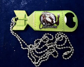 Cool Retro DC Comics Bombshells Cat Woman Pinup Bottle Opener Necklace, Nose Cone Art