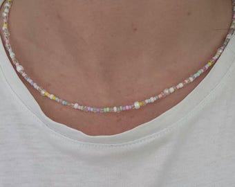 Pastel Seed Bead Necklace with Pearls, Colourful Glass Beaded Necklace