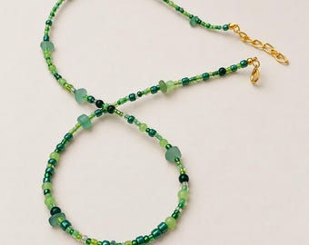 Green Seed Bead Necklace, Mixed Glass Beads with Gold Accents