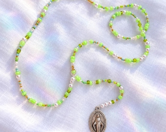 Handmade Lime Green Beaded Necklace | Virgin Mary Medal Pendant, Faux Pearls, Gold Accents
