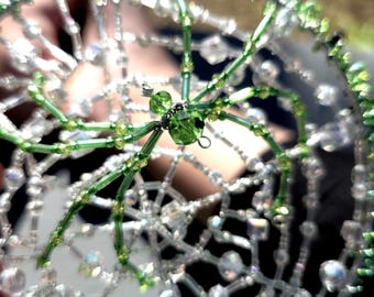 Green Spider Web Suncatcher, Handwoven Beaded Window Hanging, 6 Inch