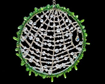 Green Beaded Suncatcher, Spider Web Window Hanging, Botanical Sun Catcher