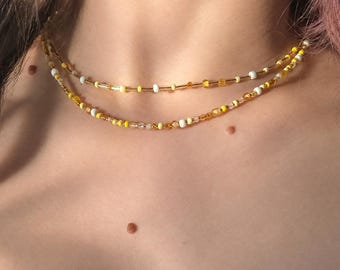 Yellow Seed Bead Necklace, Dainty Glass Beaded Choker with Gold Accents