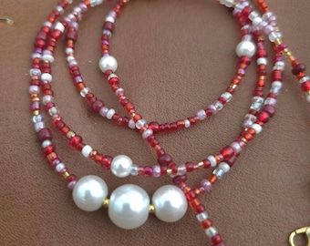 Red & Pink Removable Waist Beads with Pearls, Made to Measure Beaded Waist Chain
