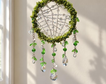 Green Beaded Suncatcher, Spider Web Window Hanging, Botanical Sun Catcher