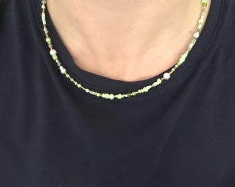 Green Seed Bead Necklace with Pearls, Delicate Gold-Tone Beaded Choker