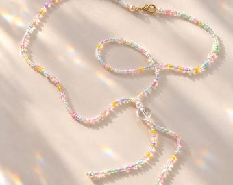 Pastel Seed Bead Lariat Necklace | Quartz Focal, Faux Pearl Details (Handmade)