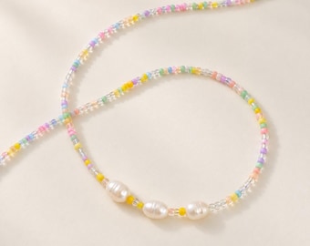 Pastel Beaded Necklace with Freshwater Pearls, Long Seed Bead Necklace