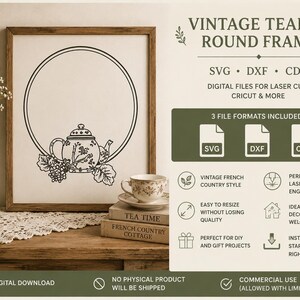 Marco redondo para tetera vintage SVG / Monograma de tetera de estilo campestre francés / Decoración de cocina estilo cottagecore / Archivo de corte láser / Dxf CDR SVG / Cricut Glowforge