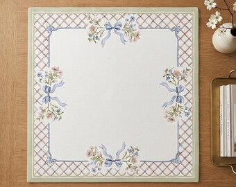 Blue Ribbon Bow Mahjong Mat, Coquette Floral Lattice Table Runner, Sage Green Trim