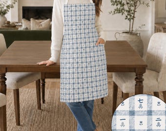 Blue Gingham Mahjong Tile Apron, 100% Cotton Twill Kitchen Wear