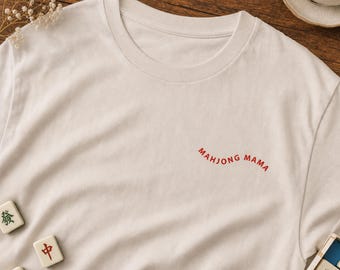 Mahjong Mama Embroidered T-Shirt, US Cotton, Relaxed Fit, Game Night Tee