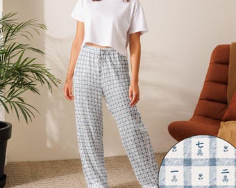 Mahjong Pajama Pants Women, Blue Tile All-Over Gingham Print, Relaxed Fit Sleepwear, Mahjong Pjs