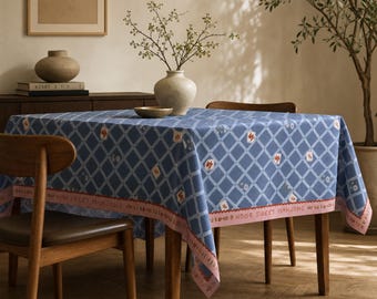 Cotton Twill Tablecloth: Mahjong Tile Print, Fade-Resistant Dining Cover
