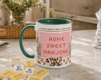 Home Sweet Mahjong Ceramic Mug, Cross-Stitch Tile Design, Colored Rim (11 oz)