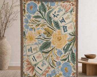 Mahjong Floral Woven Blanket | Vintage Tile Bouquet Throw