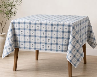 Gingham Mahjong Tablecloth, Blue Plaid Table Cover, Classic Tile Design