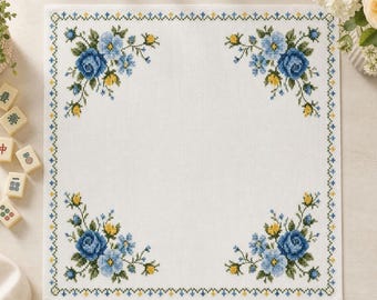 Blue Floral Cross Stitch Mahjong Mat, Vintage Embroidery Style, Cottage Charm