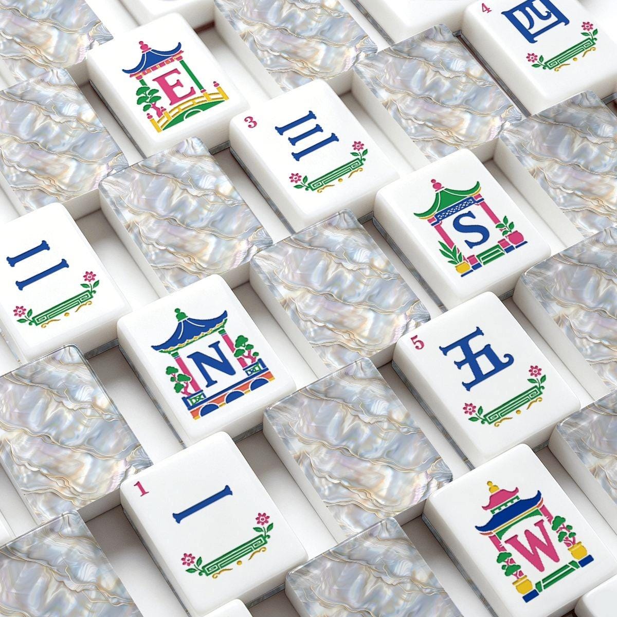 Close-up of iridescent mahjong tiles arranged in a hand