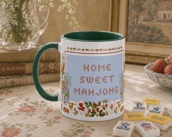 Home Sweet Mahjong Ceramic Mug, Cross-Stitch Tile Design, Colored Rim (11 oz)