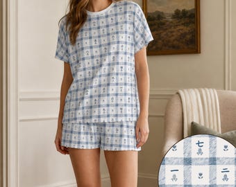 Blue Plaid Mahjong Tile Pajama Set, Women's Shorts Pajamas, Mahjong Group Gift