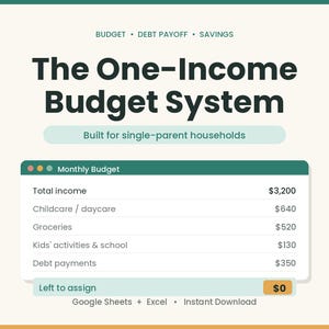 May include: A digital budget template titled The One-Income Budget System, Built for single-parent households. It displays a monthly budget table with categories for income, childcare, groceries, activities, and debt, totaling $0 left to assign.