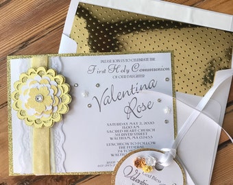 First Communion Invitations - Baptism Christening Invitations - Yellow and Gold