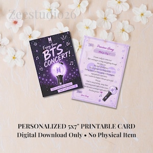 Op de afbeelding: Twee rechthoekige kaarten met BTS-concertthema's. De donkere kaart toont de tekst Enjoy Your BTS CONCERT! met een afbeelding van een lichtstaaf. De lichtpaarse kaart bevat de tekst Precious Army en een handgeschreven bericht.