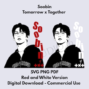 May include: A digital graphic featuring two identical black and white silhouettes of Soobin from Tomorrow x Together wearing glasses and a zip-up hoodie. The text Soobin and Tomorrow x Together appears above, with vertical red and white text and symbols.